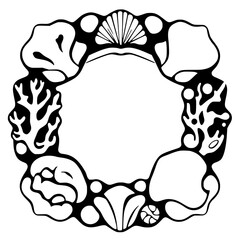 Black and white circular illustration depicting a wreath-like sea-themed border, featuring seashells, coral, and stylized marine life.