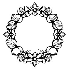 An elegant black and white circular floral frame with a stylized, flowing floral motif and a blank center.