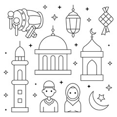 Outline set of ramadan elements icons vector illustration