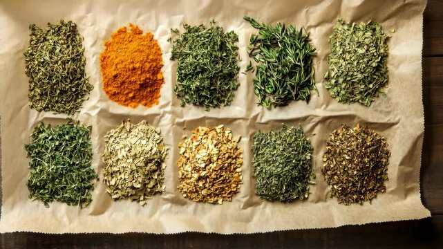 Various dried and fresh herbs, such as thyme, oregano, and sage, laid out on paper.