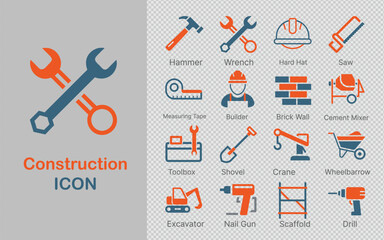 line art construction icon set featuring tools like wrenches, cranes, cement mixers, and shovels. Ideal for modern construction apps, websites, or design projects