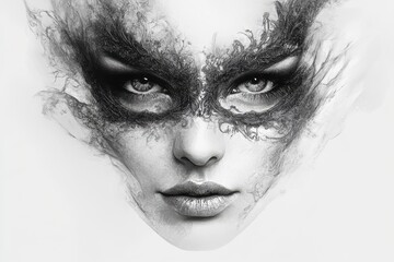 Fototapeta premium Enigmatic Masked Portrait with Intricate Artistic Details and Striking Contrast in Monochrome