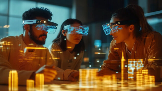 Diverse team of engineers wearing ar glasses and interacting with holographic interface, analyzing and planning smart city infrastructure in a dark technological office