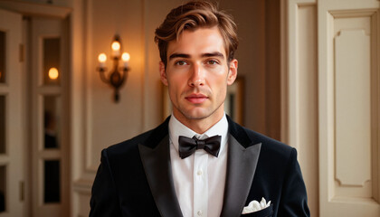 Androgynous model exuding elegance in vintage tuxedo, classic Hollywood