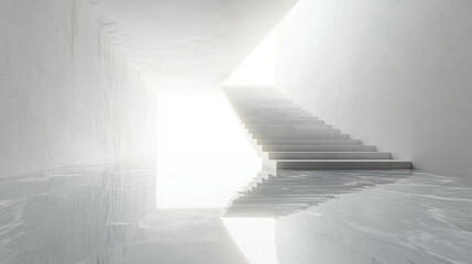 Bright Minimalist Staircase in Empty Room with Reflection and Light