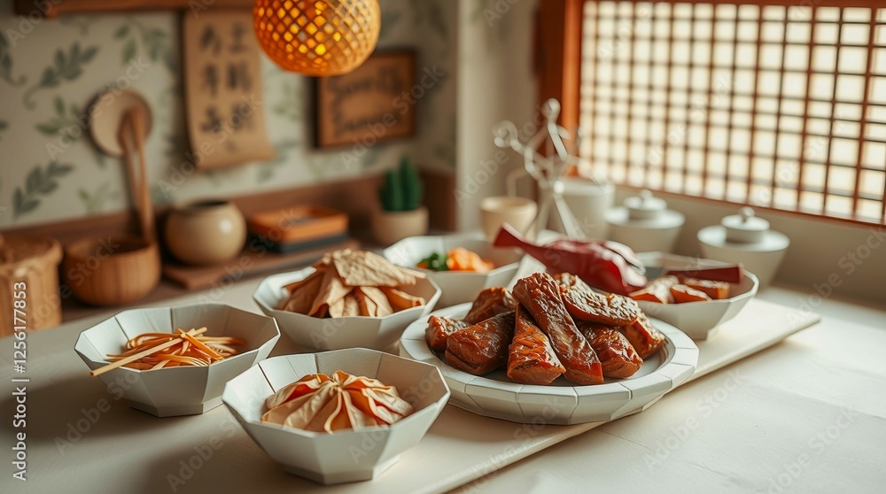 Poster a table with many different types of food, including meat and vegetables. the table is set for a mea