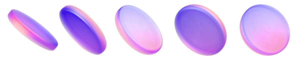 Set 3d iridescent hologram disk, coin, podium, pedestal. Render figure with purple, pink, blue colors. Vector illustration isolated on white for design projects, product display, presentation, adv