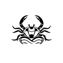 Black and white crab illustration with bold, stylized geometric lines and curved lines.