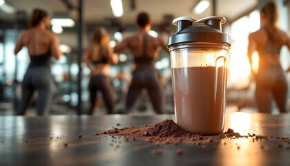 A protein shaker and spilled powder in a bright gym with blurred athletes in the background.