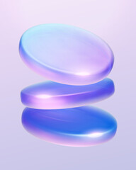 Set 3d iridescent hologram disk, coin, podium, pedestal. Render figure with purple, pink, blue colors. Vector illustration isolated on white for design projects, product display, presentation, adv