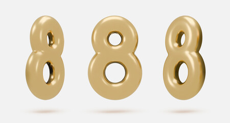 Set golden icon, 3d render number 8, eight, sign. Realistic design element. Vector illustration isolated on white for postcard, icons, poster, banner, web, design, arts