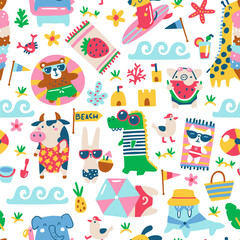 Summer Seamless vector pattern featuring funny animals wearing quirky swimwear, relaxing on the beach. Playful, childlike hand-drawn illustration in a simple modern cartoon style.