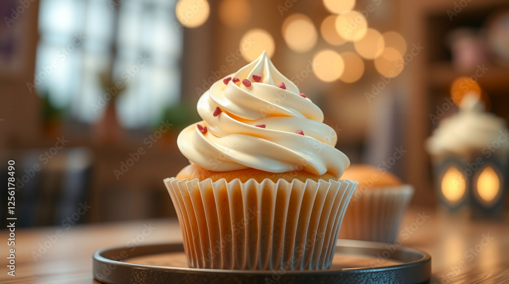 Poster a cupcake with a swirl of frosting and sprinkles sits on a plate. the cupcake is the main focus of t