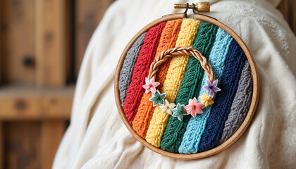 Colorful handmade embroidery hoop with floral accents, DIY artistry
