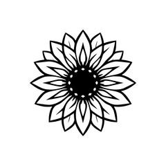 Black and White Sunflower Illustration with bold outlines, depicting a detailed Sunflower pattern against a white background.