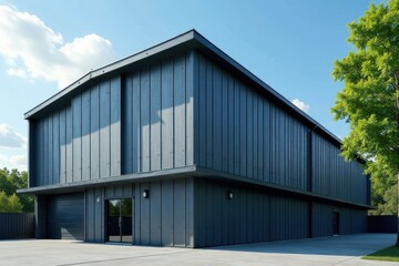 Modern Architectural Design of a Dark Gray Exterior Building with a Large Door and Windows