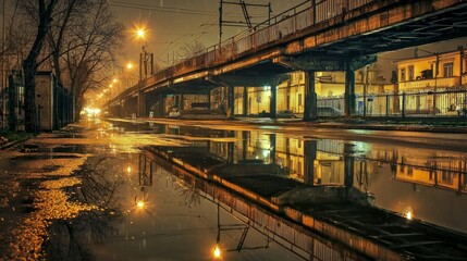Obraz premium Urban Night Scene with Reflections in Water and Street Lights