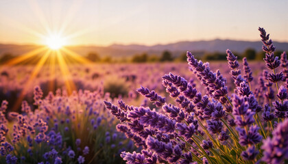 Fototapeta premium Lavender field glowing at sunset, capturing nature's tranquility