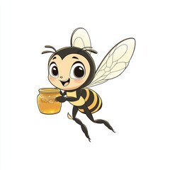 Cartoon bee holding honey jar, whimsical illustration, isolated on white background, kids' product design or educational material