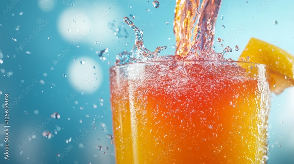 Poster refreshing sparkling drink splashing with citrus and bubbles