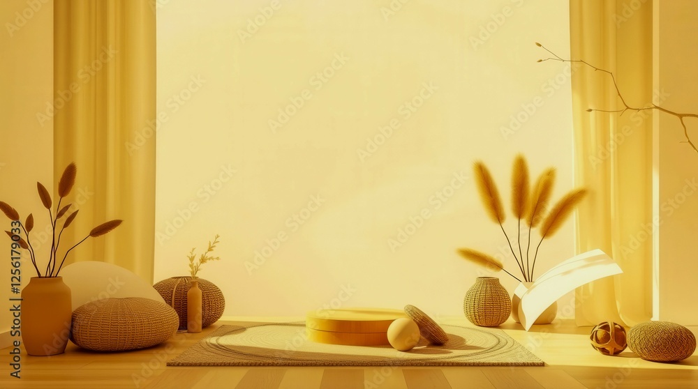 Poster a room with a yellow wall and a window. there are several vases and a book on a table