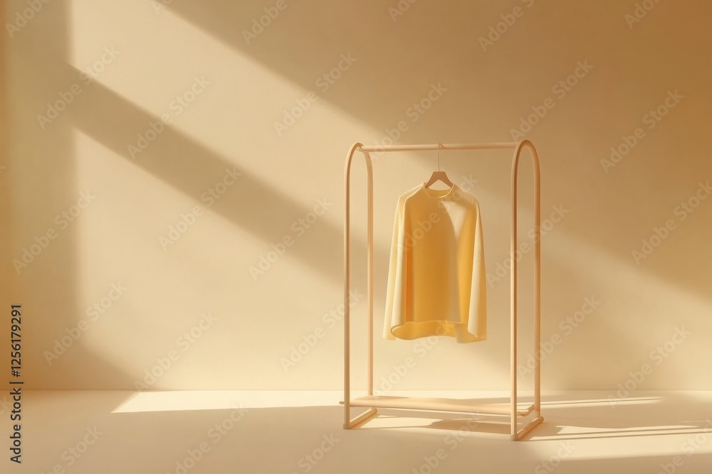 Poster Minimalist clothing rack displaying neatly arranged garments in a serene environment with soft lighting. Generative AI