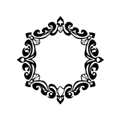 Black and white circular ornament with floral design, ornate frame on white background.