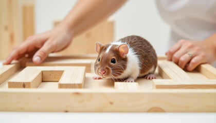 Rat problem-solving in wooden maze, behavioral research theme