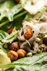 Crisp Greens with Sprouted Lentils, Toasted Hazelnuts, and Mustard Dressing in a Ceramic Bowl...
