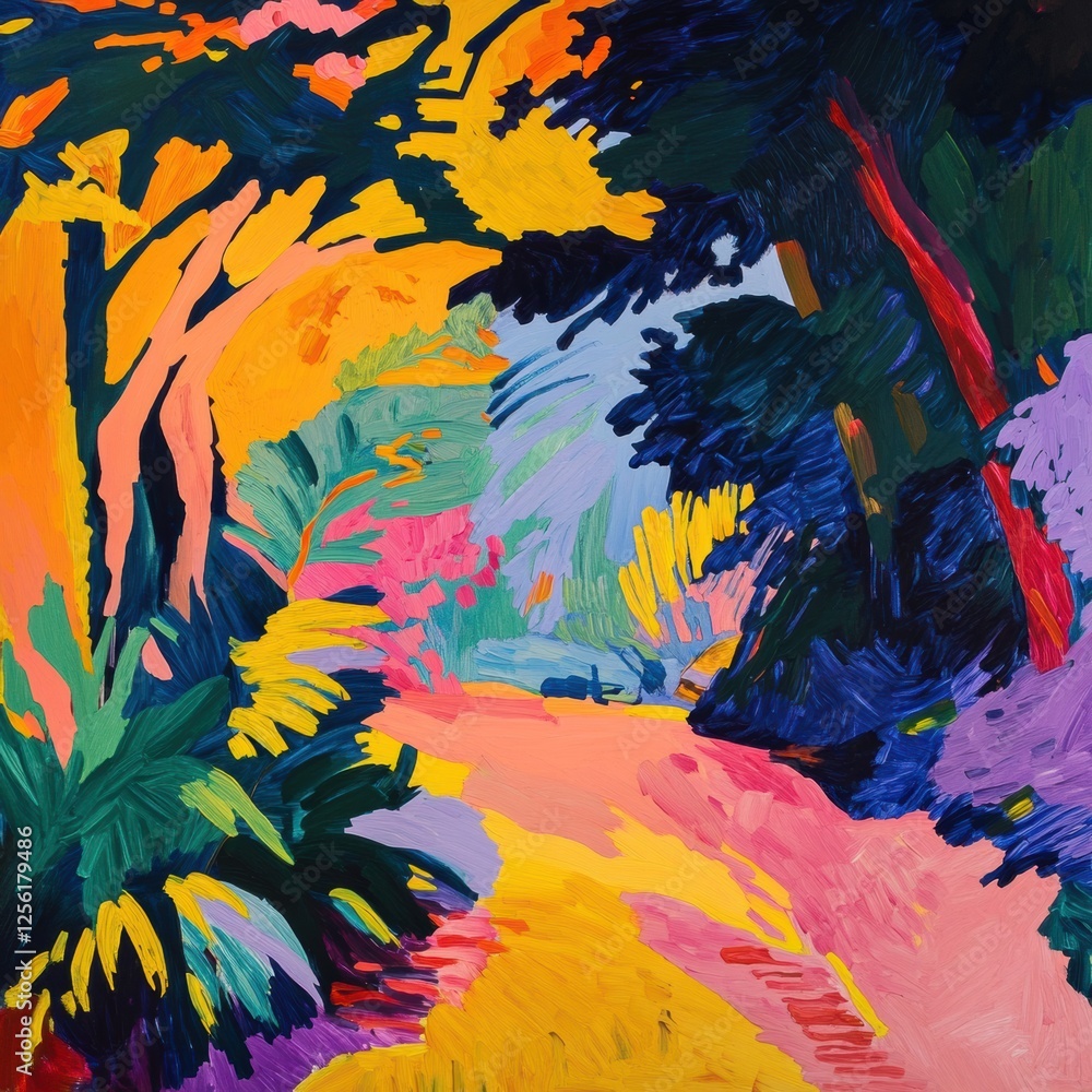 Poster vibrant landscape with colorful trees and winding path in serene natural setting during bright dayli