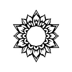 Floral symmetry: Black and white stylized illustration of a symmetrical sunflower, perfect.