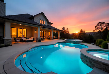 A luxurious backyard with a swimming pool, hot tub, and patio furniture at a modern house during sunset.