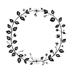 Black and White Floral Wreath with Leaves, Buds and Flowers in a Circle, Isolated on White.