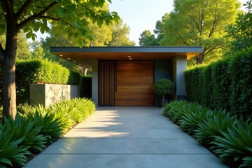 Modern architectural design featuring a sleek entryway with wood and concrete elements, complemented by lush green landscaping and meticulously trimmed hedges.