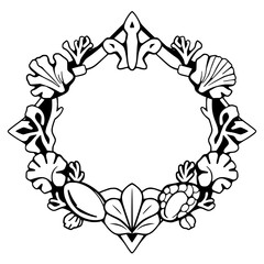 Ornamental black and white floral design, circular frame, shells, elegant, artistic composition.