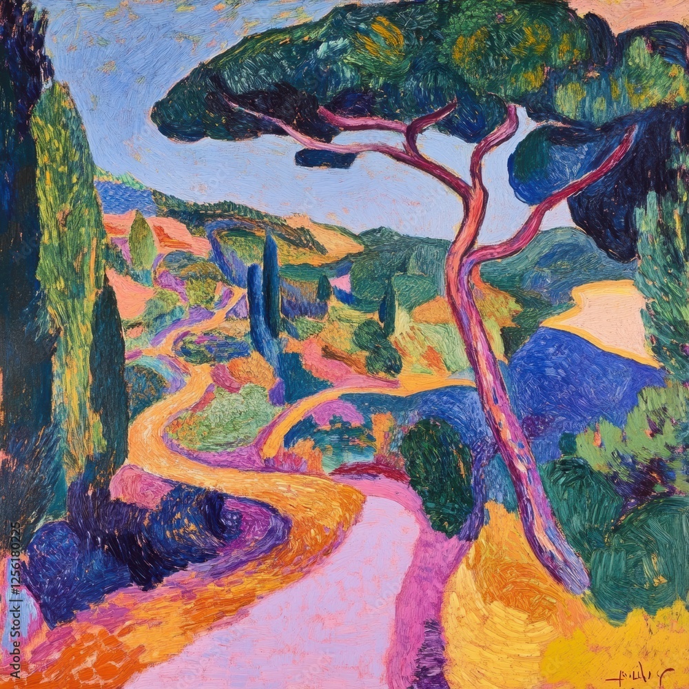 Poster colorful landscape with winding path and towering trees in vibrant hues at sunset. generative ai
