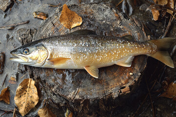 Obraz premium Freshly caught trout on stump in autumn forest stream