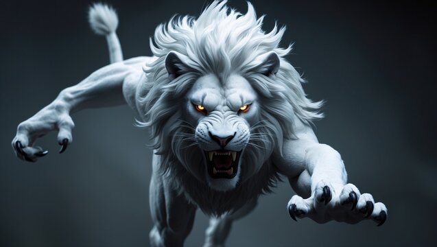 Majestic white lion roaring fiercely while leaping forward, showcasing its power and elegance against a dark backdrop in a dramatic display of nature's beauty