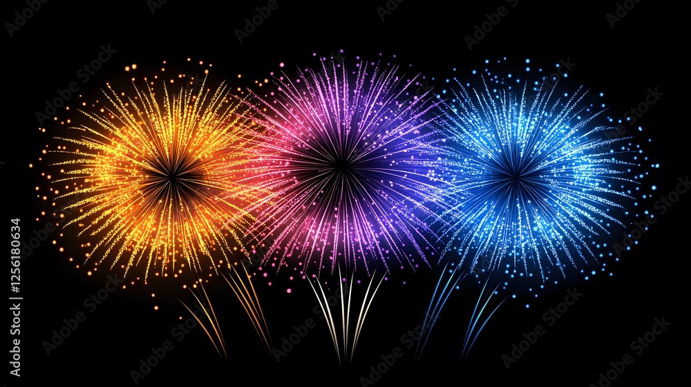 Poster colorful fireworks display on black background with vibrant explosions in various colors and pattern