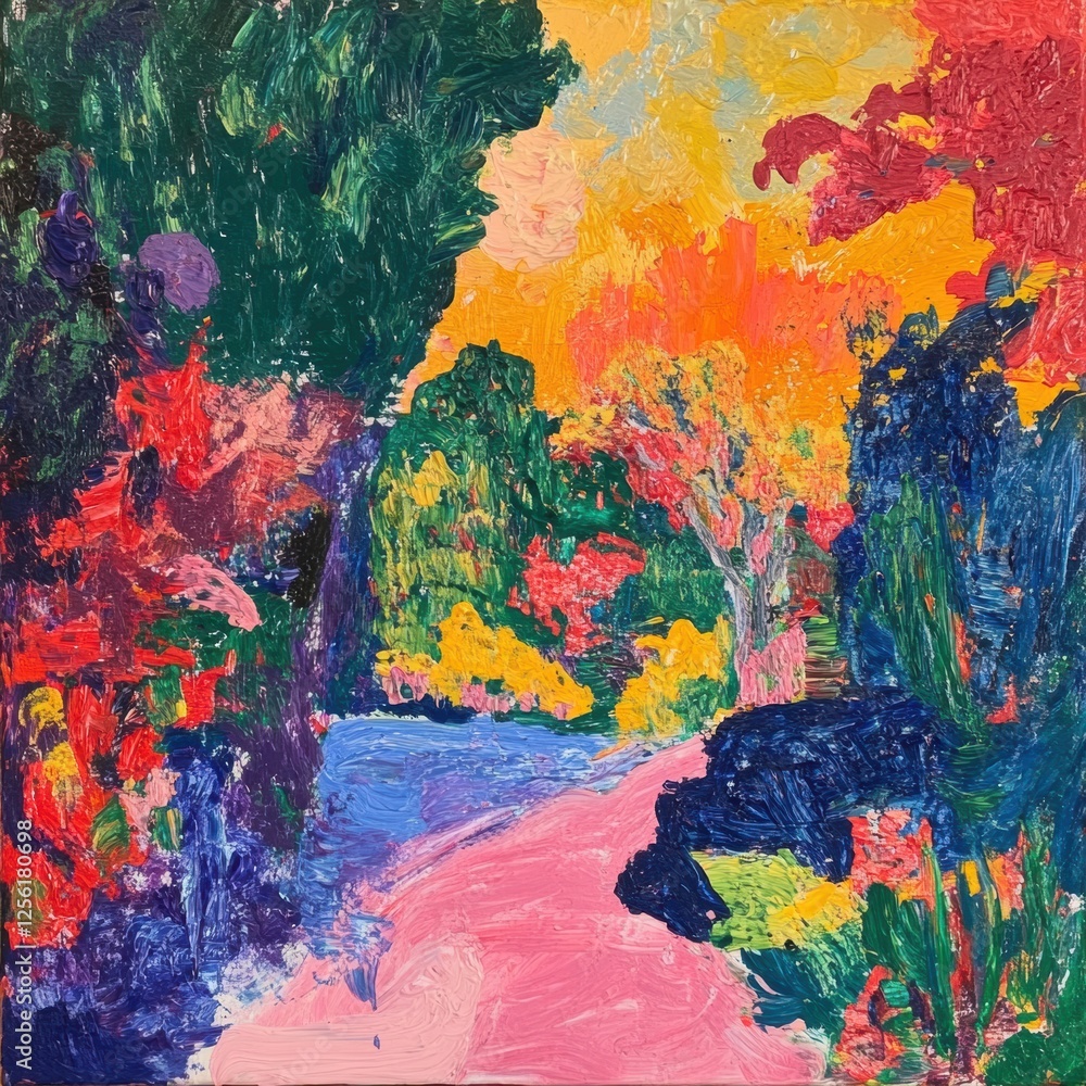 Poster vibrant fall landscape with colorful trees and a winding path at sunset in a serene natural setting.