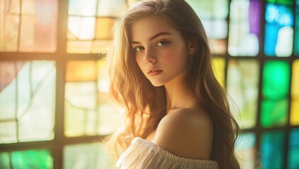 Radiant Young Woman by Stained Glass Window