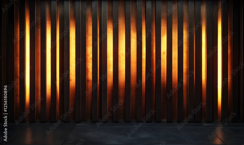 Poster dark wooden slats with warm light glowing from behind, creating a textural pattern and sleek space