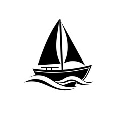 Stylized black sailboat sailing across waves, set against a white background.