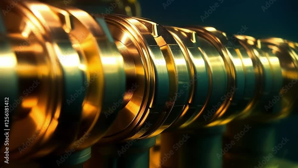 Poster metallic golden subsea electrical connector is gradually illuminated by artificial light in dark wat