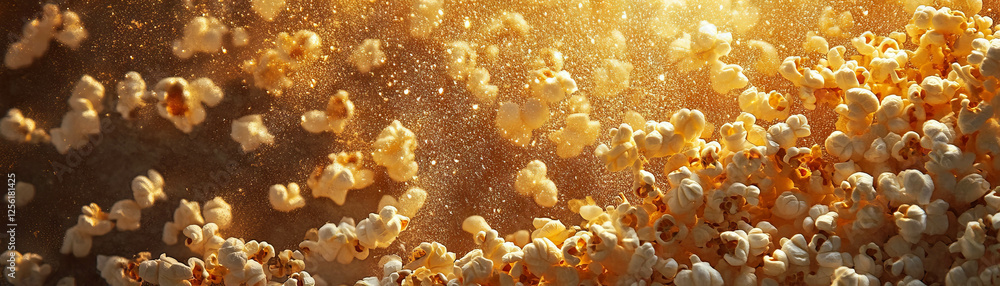 Poster popcorn kernels scattered on a bright textured background with varied light and shapes