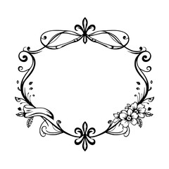 Ornate Black and White Floral Frame with Delicate Ribbon, Flowers and Curlicues; Digital Illustration, Elegant Design, Wedding Invitation.