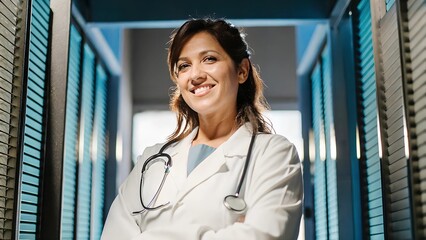 A professional and confident female doctor with a warm, friendly smile.