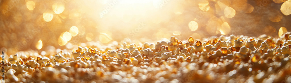 Aufkleber popcorn kernels scattered on a textured background with bright light and varied shapes