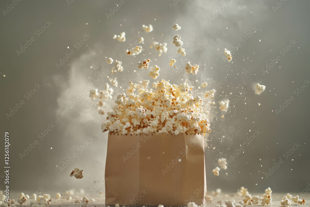 Poster popcorn spills from a paper bag creating a playful burst of texture and shape