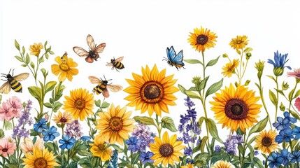 Vibrant Floral Scene with Sunflowers, Bees, Butterflies, and Colorful Blooms in a Bright Garden Setting